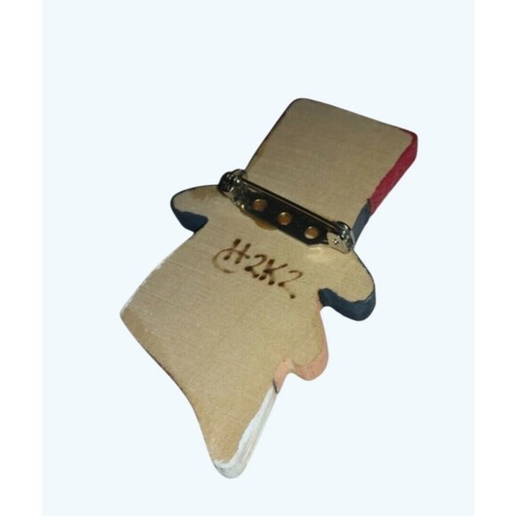 Handcrafted Uncle Sam Wood Patriotic Brooch Pin Red White Blue Vintage Accessory - Picture 3 of 4